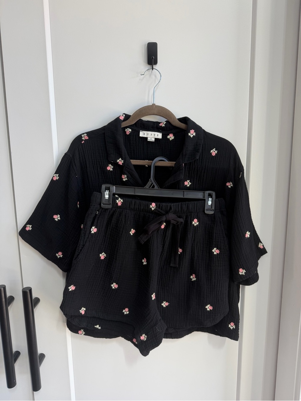 🌸 *SET* HYFVE (Bohme) Black Button-Down Top and Shorts with Pink Floral Print